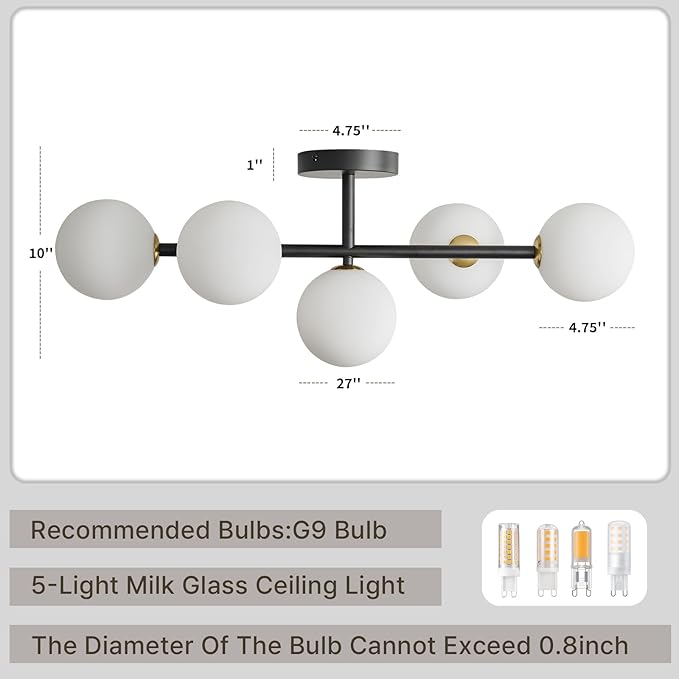 Globe Milk Glass Ceiling Light: Black 5 Lights Semi Flush Mount Ceiling Light - Linear Century Modern Lighting Fixture - 27 Inch Brass Glass Lights with Sphere Shade for Bedroom Living Room Hallway