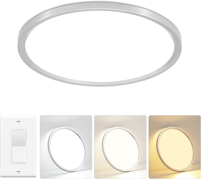 12 inch Flush Mount Led Ceiling Light Fixture, 24W 2400LM, Dimmable 3000K 4000K 6500K Adjustable, Modern Brushed Nickel Ceiling Lamp for Bedroom, Kitchen, Home Office, Hallway, Wired