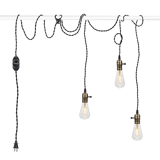 Vintage Pendant Light Kit Cord with Dimming Switch and Triple E26/E27 Industrial Light Socket Lamp Holder 25FT Twisted Black Cloth Bulb Cord Plug in Hanging Light Fixture