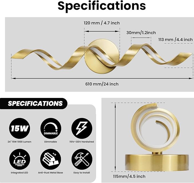 LED Modern Bathroom Vanity Light Fixtures, 24 inch Gold Wall Lamp Bedroom 4000K, Spiral Design Wall Sconce for Mirror, Living Room, Bedroom, Hallway 15W