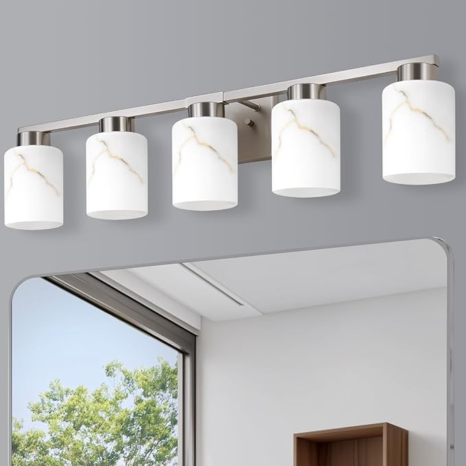 5-Light Bathroom Light Fixtures, Modern Vanity Lights, Brushed Nickel Metal Wall Lamp with White Marble Glass for Bathroom, Mirror, Living Room, Bedroom, Cabinet, Porch, Hallway, E26 Base