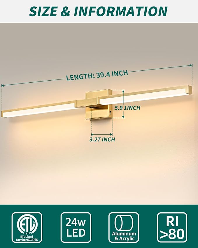 OKELI 40 Inch Bathroom Vanity Light Fixtures, Gold Modern Light Fixtures Over Mirror, 24W 5CCT Dimmable Wall Light