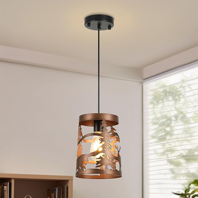 Rustic Bear Pendant Lights, 1-Light Brushed Bronze Round E26 Base Cage Metal Fixture Adjustable Hanging Height for Kitchen Island, Hallway, Dining Room,Foyer,Bedroom(No Bulb Included)
