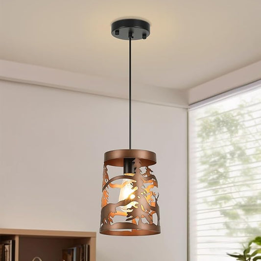 Rustic Bear Pendant Lights, 1-Light Brushed Bronze Round E26 Base Cage Metal Fixture Adjustable Hanging Height for Kitchen Island, Hallway, Dining Room,Foyer,Bedroom(No Bulb Included)