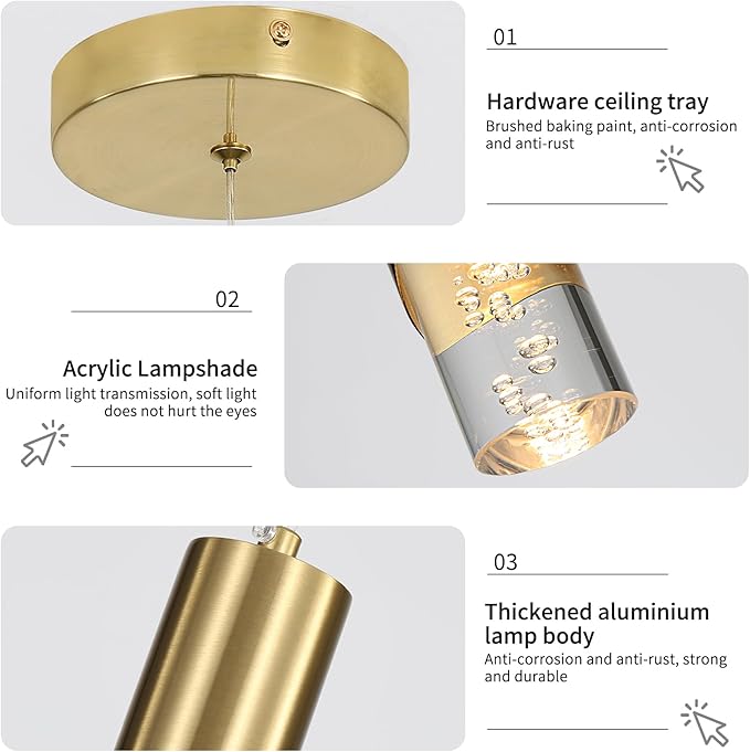 2 Pack Modern Gold Pendant Light Fixture, Acrylic Bubble Cylinder Hanging Lights, 3 Color Temperatures, Minimalist Ceiling Chandelier Lighting for Dining Room, Bedroom, Hallway, Bar, Kitchen Island