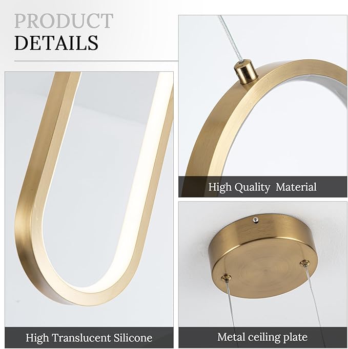 Gold Modern Mini LED Pendant Light with Remote Control, 2 Ring 24W 3-Color Temp Stepless Dimmable Ceiling Hanging Light for Bedroom Kitchen Island Dining Room Foyer Entryway