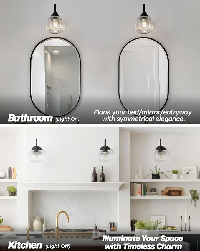 Vintage Industrial Wall Sconce Lighting with Clear Striped Glass Shade, Hardwired Wall Vanity Light Fixture for Bathroom Kitchen Living Room Bedroom Hallway