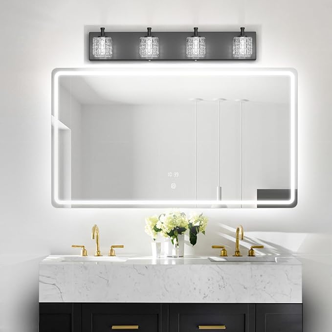Ralbay Crystal Vanity Lights - 4 LED Modern Matte Black Bathroom Vanity Lights Over Mirror
