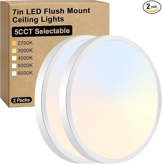 Brightever 7 Inch Flush Mount Ceiling Light, 12W 1200LM LED Ceiling Light Fixtures, 2700K/3000K/4000K/5000K/6500K Selectable, 0.67 Inch Ultra Thin Flat Ceiling Lights for Bedroom Closet, 2 Packs