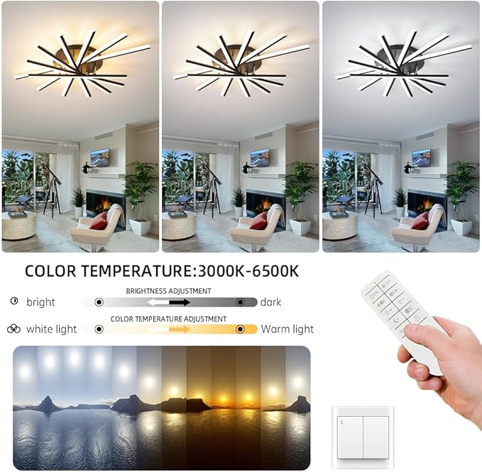 JAYMP 7 Lights Linear Modern Ceiling Lamp 41.3 inch Dimmable Led Semi Flush Mount Black Ceiling Light Fixture for Bedroom Dining Room Kitchen Island Living Room