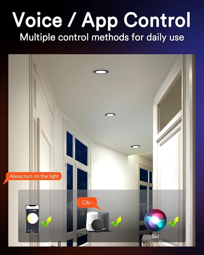 Lumary Smart Recessed Lighting 6 Inch, Color Changing LED Recessed Lights with J-Box 13W 1000LM, Dimmable Canless Wafer Downlight, Work with Alexa/Google Assistant, ETL Listed, 6Inch 4 Pack, Black