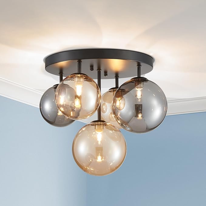 AGV LIGHTING Flush Mount Ceiling Light Fixture, Modern Bubble Glass Ceiling Light with Black Metal Frame, 5-Light G9 Base Black Ceiling Lamp for Bedroom Living Room Kitchen Dining Room