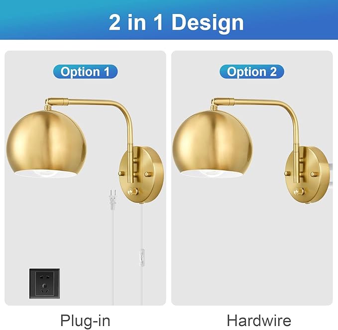 VATONI Wall Sconces Plug in, Dimmable Wall Sconce Swing Arm Wall Lights with Plug in Cord and Dimmer On/Off Knob Switch, Brushed Brass Globe Wall Light for Bedroom Bedside Hallway(2 Bulbs Included)