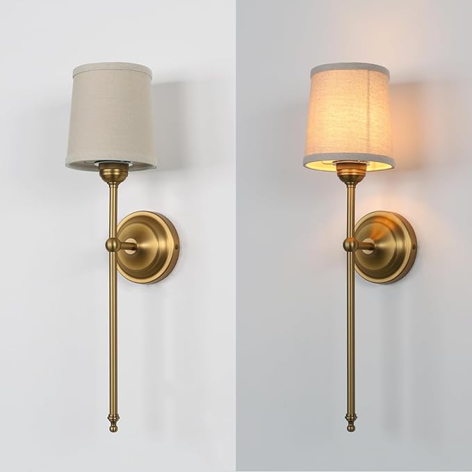 Antique Finish Sconce Wall Lighting Fixture with Linen Fabric Shade, E26 Hardwired Indoor 1-Light Wall Mounted Lamp for Living Room Bedside Nightstand Light Vanity Bathroom