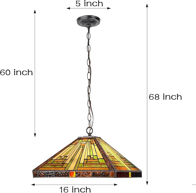 Capulina Tiffany Lamp Stained Glass Pendant Lights 16” Wide Antique Rustic Tiffany Style Hanging Lamp for Kitchen Island Counter Dining Room Hallway Office