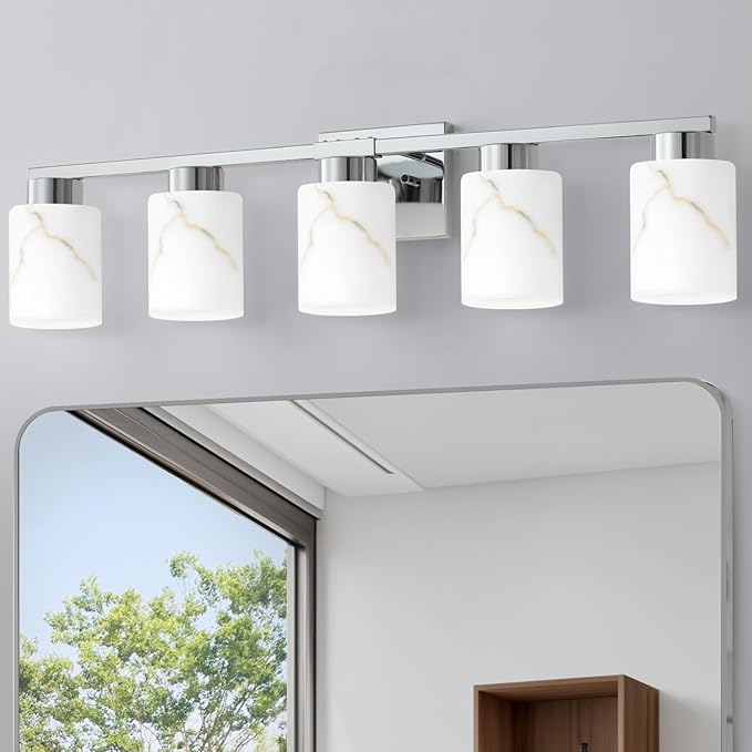 5-Light Bathroom Light Fixtures, Modern Vanity Lights, Chrome Metal Wall Lamp with White Marble Glass for Bathroom, Mirror, Living Room, Bedroom, Cabinet, Porch, Hallway, E26 Base