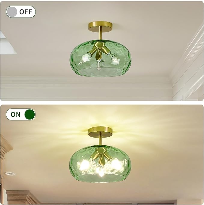 Green Glass Flush Mount Ceiling Light - 12 Inch Hammered Glass Hallway Light fixtures Ceiling, Vintage Gold Semi Flush Mount Ceiling Light,Mid Century Light Fixture for Bedroom Entryway Kitchen