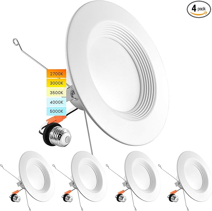 LUXRITE 5/6 Inch LED Recessed Retrofit Downlight, 14W=90W, CCT Color Selectable 2700K | 3000K | 3500K | 4000K | 5000K, Dimmable Can Light, 1100 Lumens, Wet Rated, Energy Star, Baffle Trim (4 Pack)