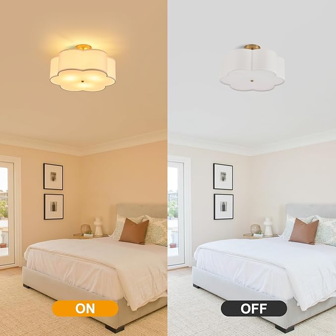 Modern Semi Flush Mount Ceiling Light Modern Gold 3-Lights Drum Ceiling Lighting Fixture Vintage Linen Golden Ceiling Lamp for Laundry Room, Kitchen, Basement, Dining Room, Bedroom