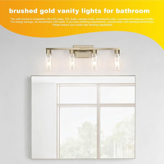 4-Light Bathroom Vanity Light, Modern Brushed Gold Wall Lights with Clear Glass Shades, Bathroom Wall Sconce Lamp for Mirror Living Room Bedroom Hallway