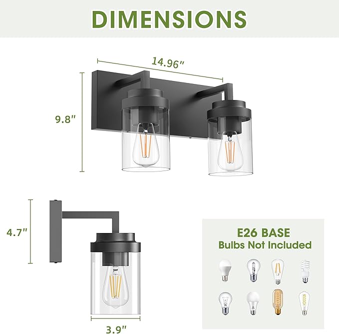 Espird Bathroom Vanity Fixtures, 2 Light Matte Black Vanity Light with Clear Glass Shade, 15in Farmhouse wall Light, Lighting Fixture Over Mirror for Bathroom