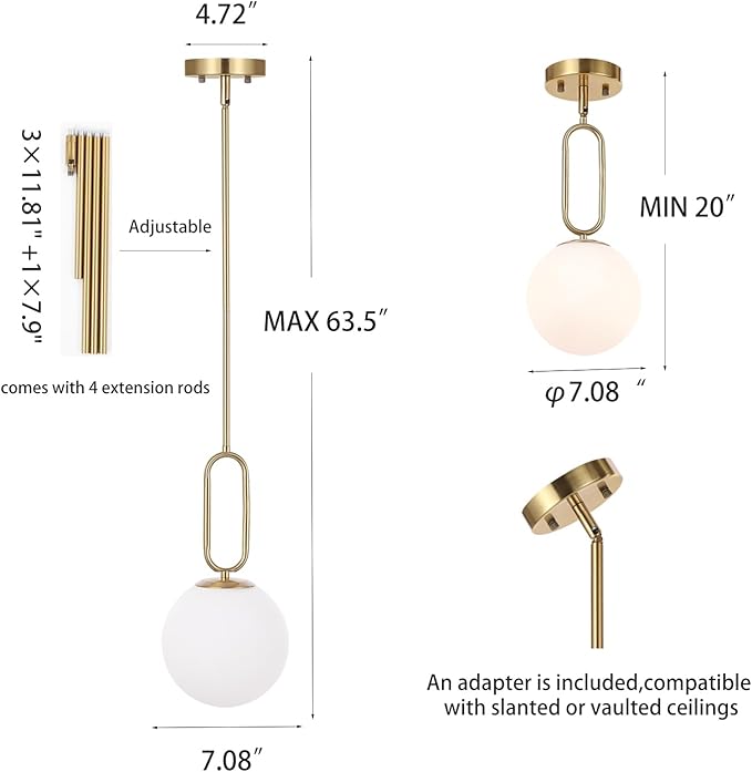 Modern Gold Globe Pendant Light White Globe Glass Shade Brushed Brass Finished Adjustable Rods Hanging Light Fixtures for Kitchen Island Living Room