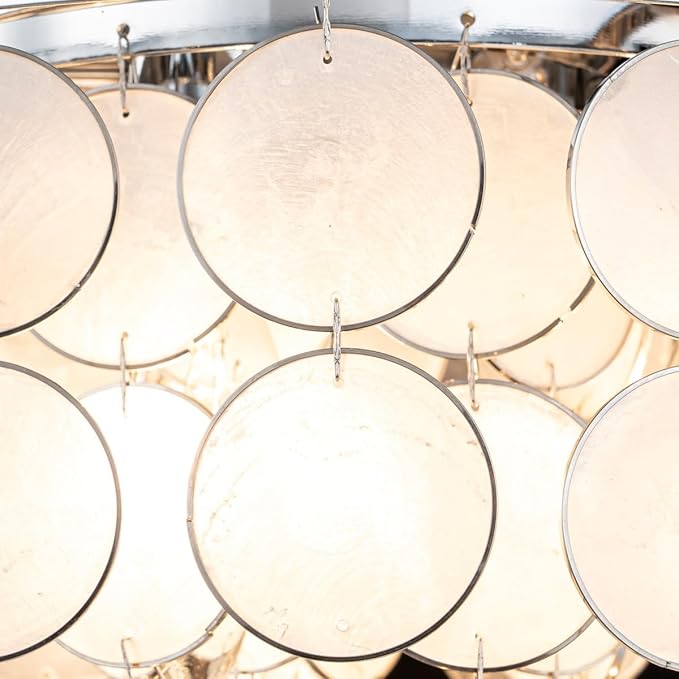 3-Light Capiz Shell Ceiling Light, Coastal Design Flushmount Light Fixture for Dining Room, Living Room, Bedroom, True Shell & Chrome Finish Frame