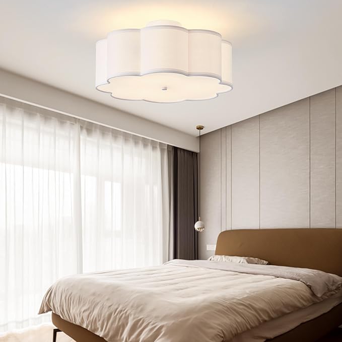 17.7" Semi Flush Mount Ceiling Light Fixture, 3-Light Modern Close to Ceiling Light with Fabric Flower-Shaped Shade, Light Fixtures Ceiling Mount for Bedroom Nursery(White)