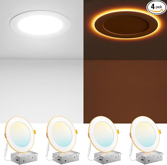 Amico 4 Pack 6 Inch 5CCT LED Recessed Ceiling Light with Night Light, 2700K/3000K/3500K/4000K/5000K Selectable Ultra-Thin Recessed Lighting, 12W=110W, 1100LM, Dimmable Canless Wafer Downlight ETL&FCC