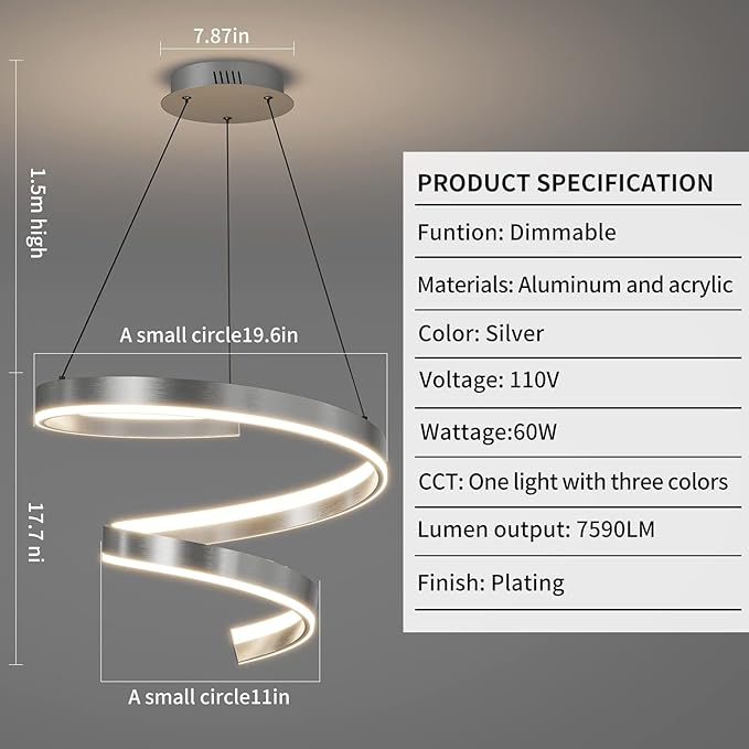 Mikeru Pendant Light,Pendant Light Fixtures with Remote Control Dimmable 3000k-6500k Pendant Light for Dining Room Living Room Kitchen, 19.6 Inch
