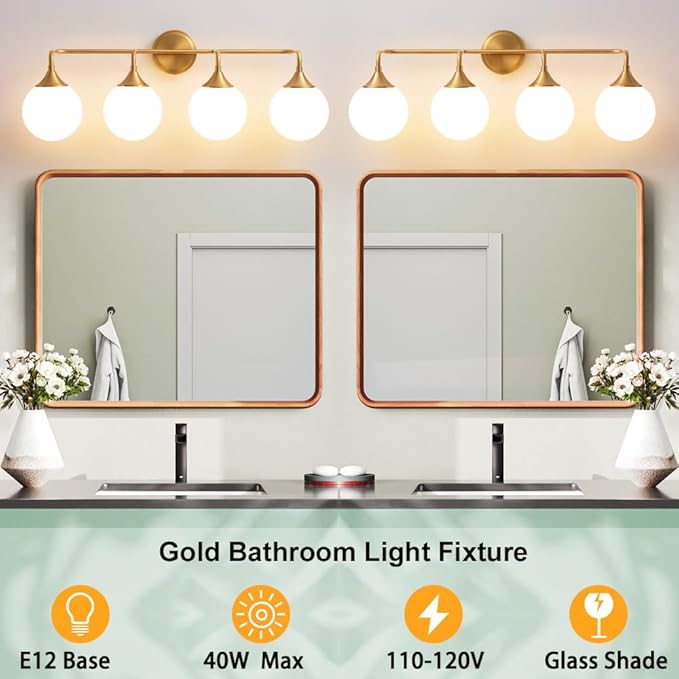 Gold Bathroom Light Fixtures, Modern Vanity Lights Over Mirror, Brushed Brass Wall Sconce Lighting 4-Light with Milky White Glass Ball Shades