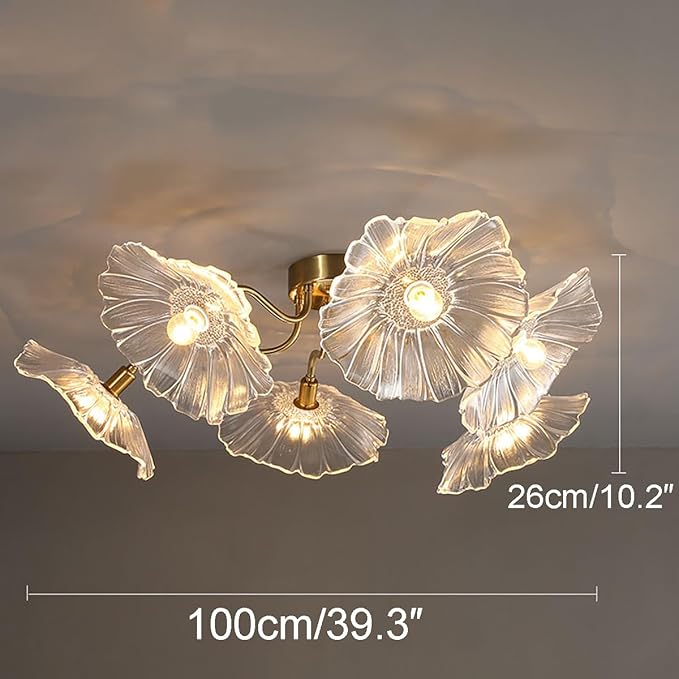 Mid Century Modern Flush Mount Ceiling Light Fixture 6 Lights Gold Brass Ceiling Lights with Clear Glass Flower Shade Sputnik Chandelier Dining Room Large Close to Lighting Fixtures