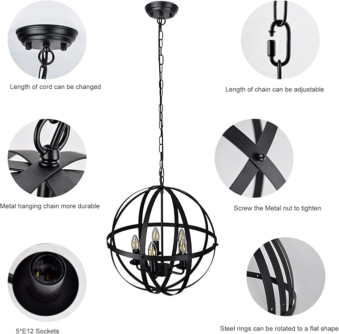 DLLT Pendant Light Metal, 5-Light Globe Pendant Lighting, Adjustable Hanging Ceiling Chandelier Light Flush Mount for Kitchen, Dining Room, Living Room, Hallway, Bedroom, Entryway, E12-Matte Black