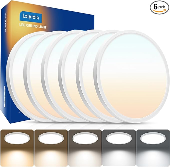 6Pack 12 Inch LED Flush Mount Ceiling Lights, 24W 2640LM, 2700K-6500K 5CCT Selectable, 220W Equiv Close to Ceiling Fixtures for Bedroom Kitchen Hallway Laundry, White