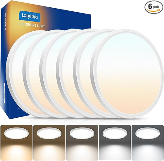 6Pack 12 Inch LED Flush Mount Ceiling Lights, 24W 2640LM, 2700K-6500K 5CCT Selectable, 220W Equiv Close to Ceiling Fixtures for Bedroom Kitchen Hallway Laundry, White
