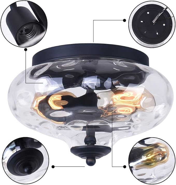 EDISLIVE Modern 2-Light Hammered Glass Flush Mount Light Pendant Ceiling Light Fixture 10.2" Indoor Ceiling Light for Hallyway Foyer Bedroom(Black)