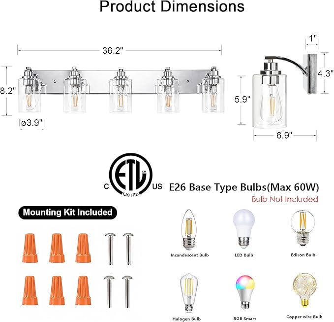 5-Light Bathroom Light Fixtures Modern Chrome Vanity Lights for Bathroom Lighting Fixtures Over Mirror with Clear Glass Shade for Cabinet Mirror Bedroom Hallway