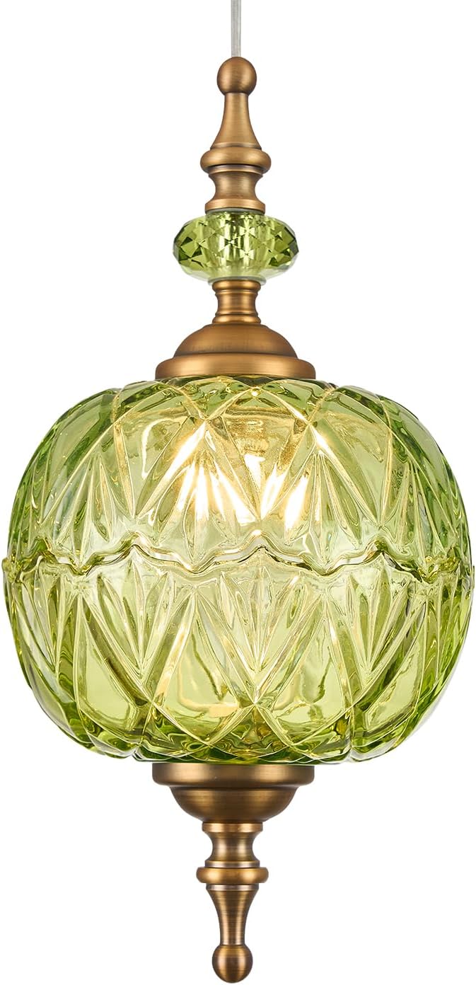 Antique Green Pendant Light Fixtures Vintage Kitchen Lighting Delicate Decorative Pattern 6.3 inches Glass Ceiling Pendant Lighting for Kitchen Island Dining Room with Original Vintage Design