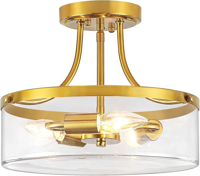 11.81" Brushed Gold Semi Flush Mount Ceiling Light Modern Glass Entryway Light Fixture Hallway Light Fixtures 3-Light Drum Ceiling Lamp for Bedroom Kitchen Island Dining Room Laundry Room Lighting