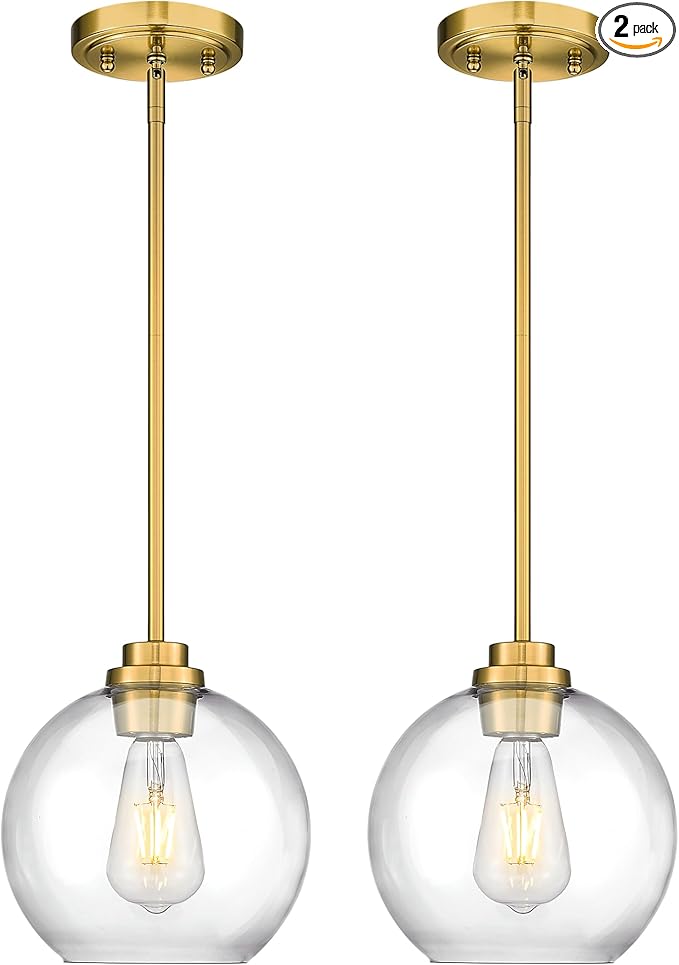 2 Pack Pendant Lights Kitchen Island, 8" Gold Pendant Light Fixtures with Globe Clear Glass Shade, Modern Brass Kitchen Island Lighting for Bathroom, AD-22280-2PL-GD
