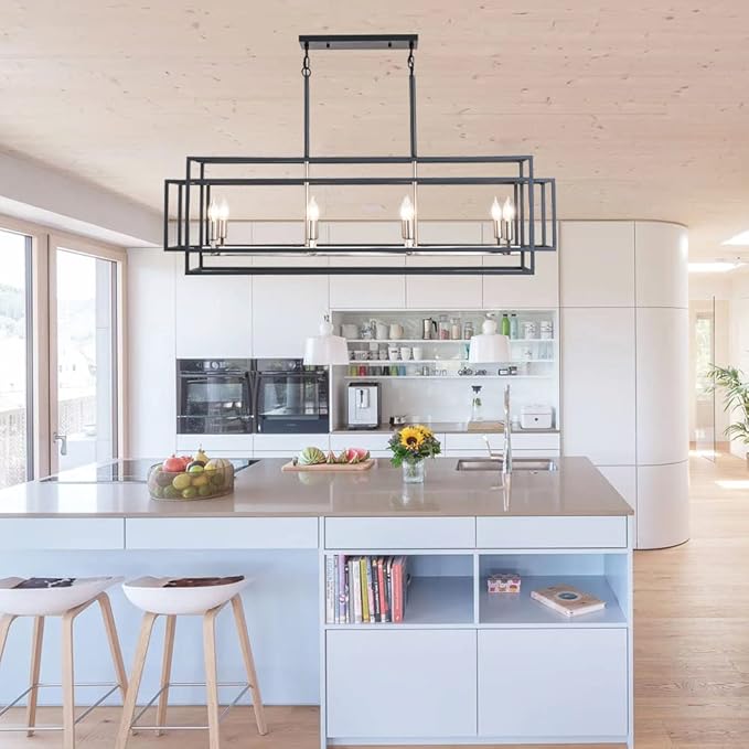8-Light Kitchen Island Lighting, Black and Sliver Rectangle Chandeliers for Dining Room, Metal Farmhouse Dining Room Light Fixtures Over Table, Linear Chandelier with Brushed Nickel Socket