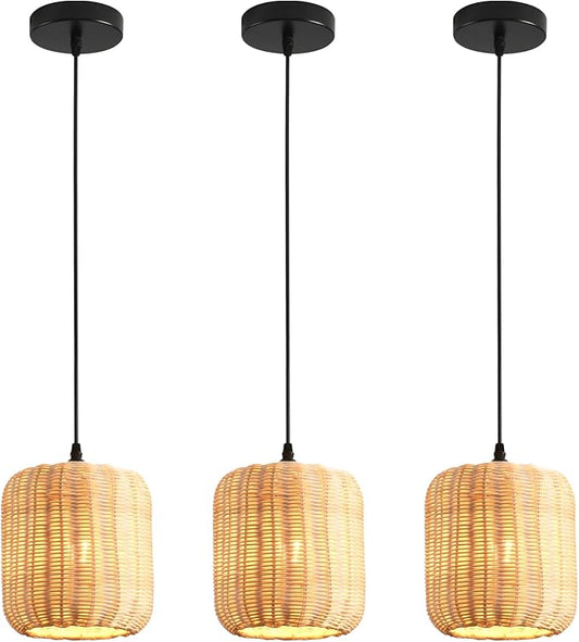 TeruTeru Ji Kaikang 3-Pack Mini Rattan Pendant Light,7.87" Rustic Bamboo Hanging Light Hand-Woven Rattan Chandelier for Dining Living Bedroom Kitchen Farmhouse