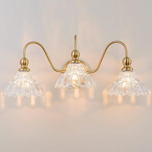 Vintage Bathroom Light Fixtures Over Mirror, 3-Light Brass Wall Sconce Lighting with Flower Glass Shade, Farmhouse Vanity Lights for Bedroom Kitchen Living Room Hallway Light