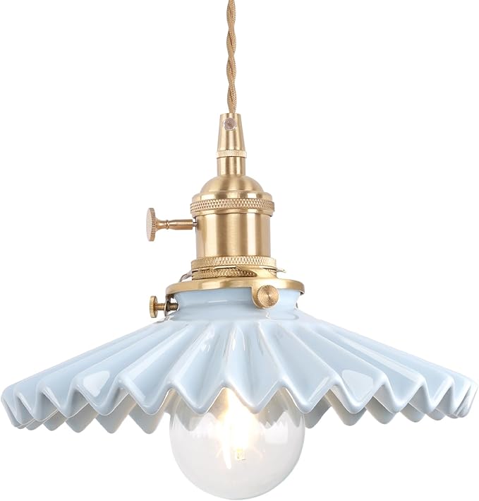 Shenmoyl Pendant Light with Blue Pleated Ceramic Lmapshade, Brass Vintage Pendant Light Adjustable Hanging Light for Kitchen Island Dining Room Hallway