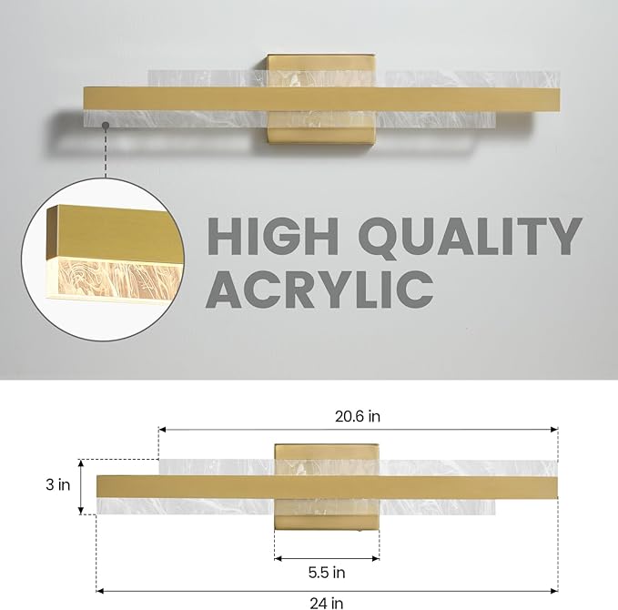 Modern Bathroom Vanity Light: Brushed Gold 24 inch 28W Dimmable LED Bath Bar Light Fixtures Over Mirror - Wall Sconce Picture Lights for Paintings Cabinets Bedroom 3000k