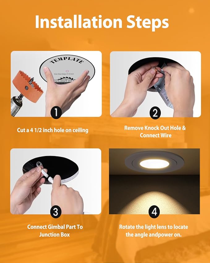 POPANU Gimbal LED Recessed Light - 4 Inch Black 9W 360° Rotation Directional Adjustable Eyeball Sloped Ceiling Recessed Lighting 4 inch Light Wafer Soffit Indoor Spotlight Canless Black 4 inch 6 Pack