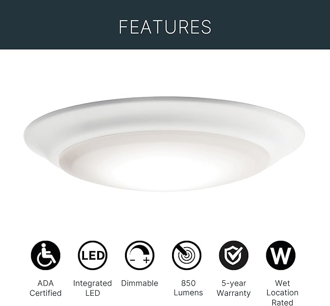Kichler Gen 1 LED Downlight in White, 7.5” Ceiling Flush Mount Wet Rated Interior Dimmable Light for Living Room, Dining Room, Kitchen, Bathroom and Bedroom, 3000K, (7.5” x 1.5”), 43846WHLED30