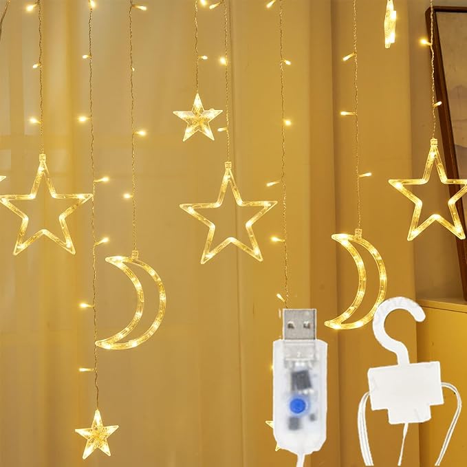 138 Led Curtain String Light Star Moon Icicle Light with 8 Lighting Modes with Timer Remote USB Operated Dimmable Fairy String for Window Wall Home Decoration