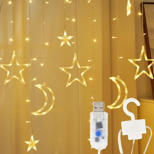 138 Led Curtain String Light Star Moon Icicle Light with 8 Lighting Modes with Timer Remote USB Operated Dimmable Fairy String for Window Wall Home Decoration