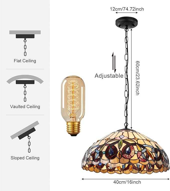 Vintage Pendant Light Fixtures, 16Inch Stained Glass Hanging Lamp 100-240V Antique Style Ceiling Mount Light for Dining Room Living Room Kitchen Entryway-E26